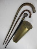 VINTAGE WALKING STICKS (3) and a 1914 dated shell casing in brass, one of the sticks bearing a