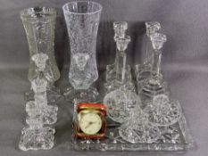 DRESSING TABLE & OTHER DECORATIVE GLASSWARE including candleholders, vases and a Westclox travel