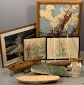 PART BUILT MODEL WOODEN BOATS and a selection of similar themed pictures, prints and an oak framed
