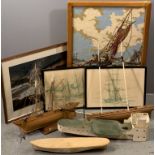 PART BUILT MODEL WOODEN BOATS and a selection of similar themed pictures, prints and an oak framed