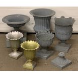 CAST IRON PLANTERS (6), the largest in campana form, 46cms H, 35cms diameter top