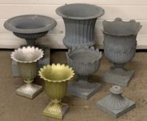 CAST IRON PLANTERS (6), the largest in campana form, 46cms H, 35cms diameter top