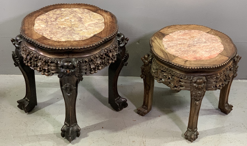 CHINESE CARVED HARDWOOD MARBLE TOPPED TABLES - two similar, 47cms H, 41cms W, 41cms D and 38cms H, - Image 2 of 4