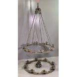 'ARTS & CRAFTS' STYLE IRON CEILING LIGHT FITTINGS (2), 84cms diameter - (1 incomplete)