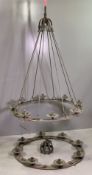 'ARTS & CRAFTS' STYLE IRON CEILING LIGHT FITTINGS (2), 84cms diameter - (1 incomplete)
