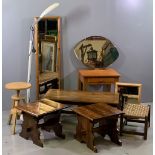 FURNITURE PARCEL (10) - three similar stained rustic style coffee tables, string topped stool, '