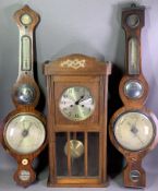 TWO ANTIQUE BANJO BAROMETERS and a polished pendulum wall clock