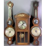 TWO ANTIQUE BANJO BAROMETERS and a polished pendulum wall clock