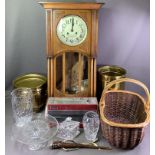 POLISHED WALL CLOCK with silvered dial, two beaten brass buckets, wicker basket and a vintage
