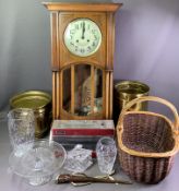 POLISHED WALL CLOCK with silvered dial, two beaten brass buckets, wicker basket and a vintage