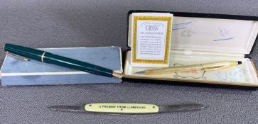 PARKER VINTAGE FOUNTAIN PEN - 14k mark to the nib, a boxed Cross ballpoint pen and a penknife