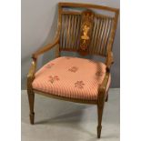 ORNATE INLAID ELBOW CHAIR on tapered spade supports, 74cms H, 52cms W, 42cms D