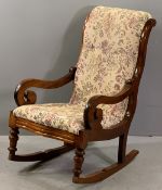 ANTIQUE MAHOGANY ROCKING CHAIR with tapestry seat, 96cms H, 57cms W, 74cms D