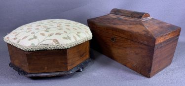 ROSEWOOD SARCOPHAGUS TEA CADDY, 20cms H, 30cms W, 18cms D and a similar period footstool with