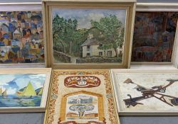 20th CENTURY oils, an assortment (6) to include rural cottage, initialled 'M M', 53 x 65cms,