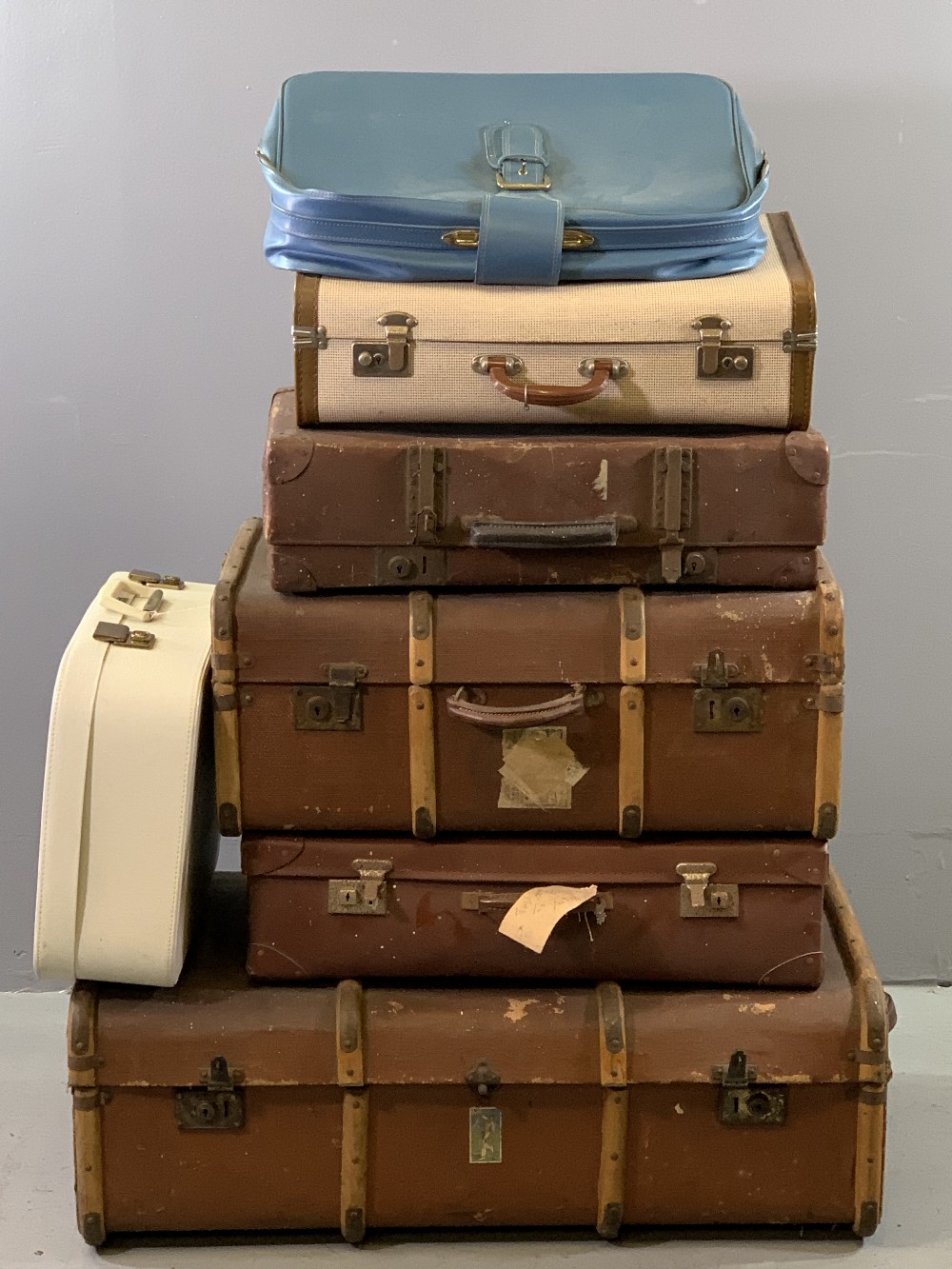 VINTAGE TRUNKS & SUITCASES (7), 32cms H, 92cms W, 54cms D the largest