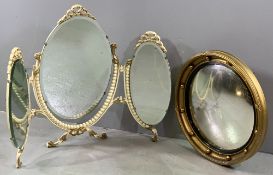 GEORGIAN STYLE BOBBLE MIRROR, 44cms diameter and a French style three section dressing mirror (metal