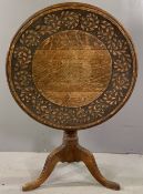 TRIPOD TABLE - antique oak with carved top and carving to the tripod pedestal, 74cms H, 80cms