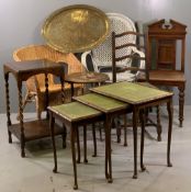 FURNITURE ASSORTMENT (9) to include brass tray, nest of three coffee tables, hall chair, folding