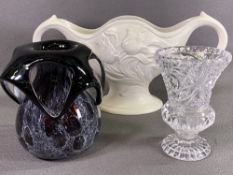 ART GLASS VASE, 18cms tall, a cut glass vase and a Sylvac planter
