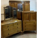 ANTIQUE MAHOGANY THREE PIECE BEDROOM SUITE comprising triple wardrobe with central bevelled mirror