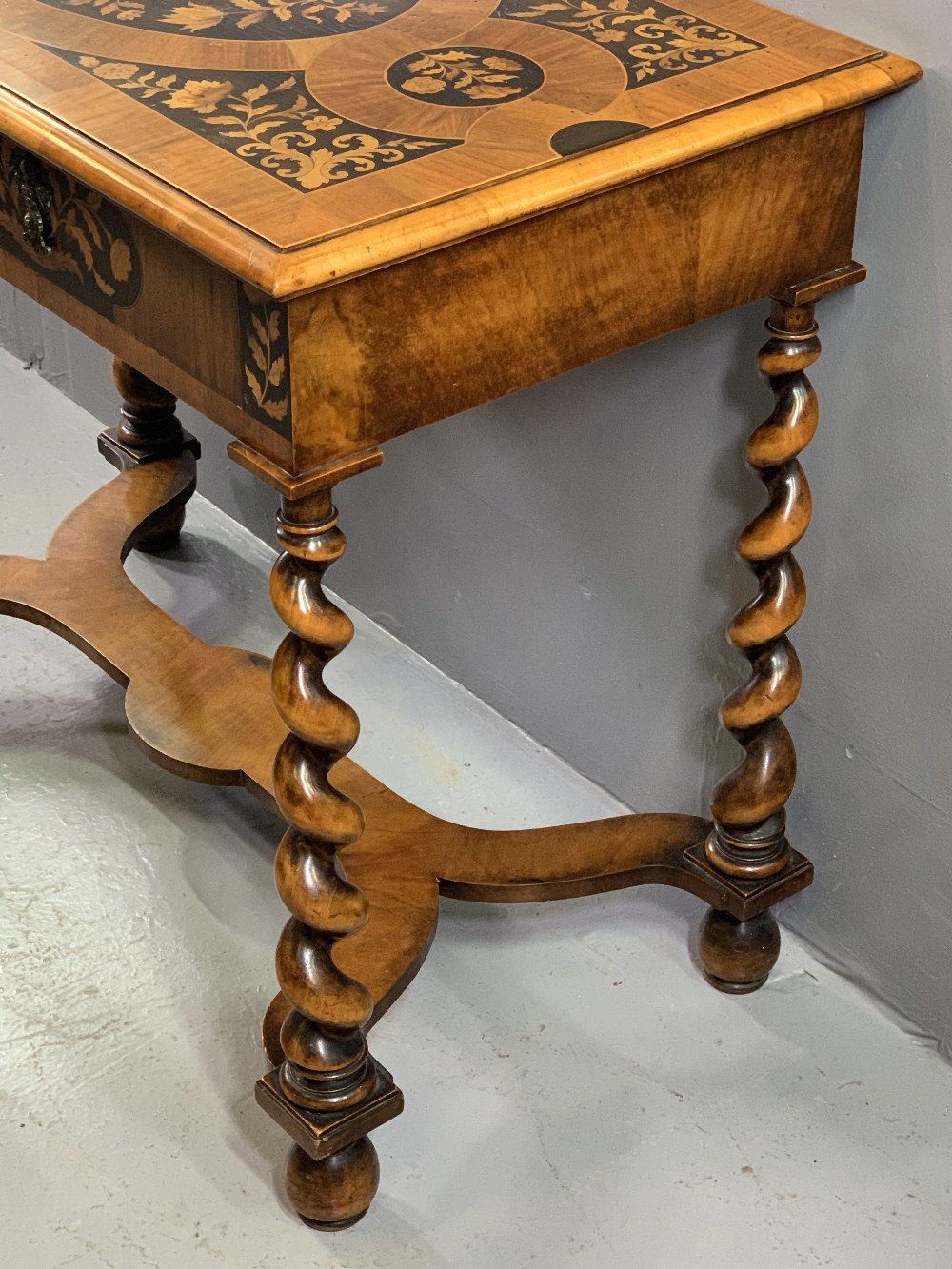 DUTCH MARQUETRY STYLE SIDE TABLE with single drawer, pokerwork detail, shaped cross stretcher on - Image 4 of 5