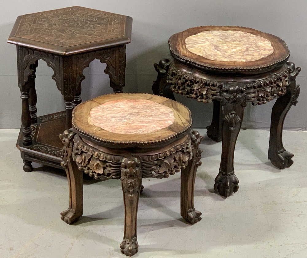 CHINESE CARVED HARDWOOD MARBLE TOPPED TABLES - two similar, 47cms H, 41cms W, 41cms D and 38cms H,