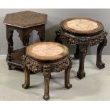 CHINESE CARVED HARDWOOD MARBLE TOPPED TABLES - two similar, 47cms H, 41cms W, 41cms D and 38cms H,
