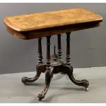 VICTORIAN BURR WALNUT FOLDOVER CARD TABLE on a pedestal support, 75cms H, 91cms W, 45cms D