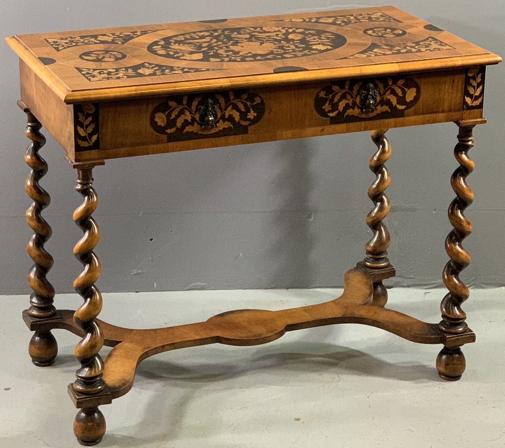 DUTCH MARQUETRY STYLE SIDE TABLE with single drawer, pokerwork detail, shaped cross stretcher on