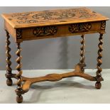 DUTCH MARQUETRY STYLE SIDE TABLE with single drawer, pokerwork detail, shaped cross stretcher on