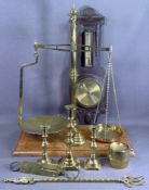 AVERY BALANCE SCALES on a wooden plinth with weights, other assorted brassware and a carved oak