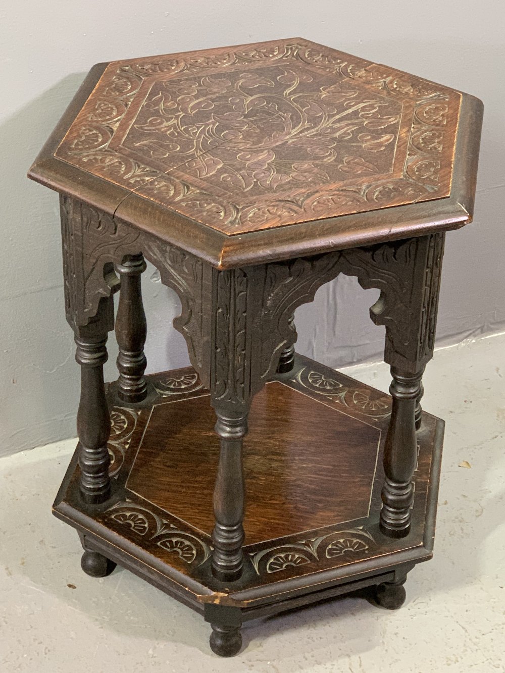 CHINESE CARVED HARDWOOD MARBLE TOPPED TABLES - two similar, 47cms H, 41cms W, 41cms D and 38cms H, - Image 4 of 4