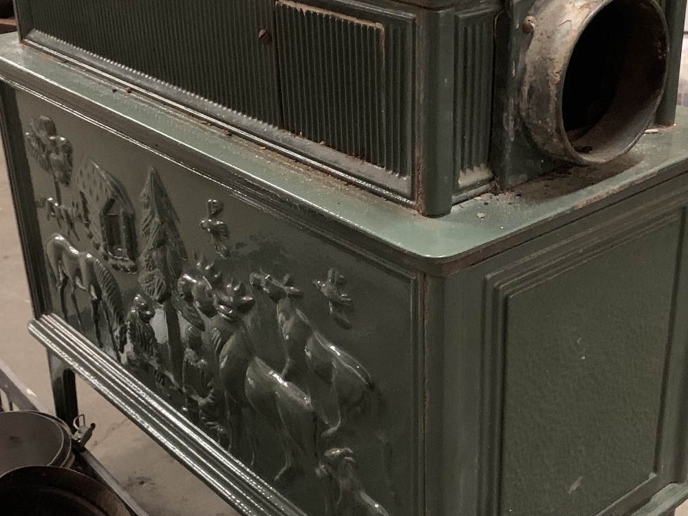 JOTUL GREEN ENAMELLED CAST IRON STOVE with people, moose and other animal detail in relief - Image 5 of 6