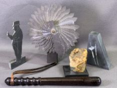 SLATE FAN, 28cms H, other slate items and an old policeman's truncheon