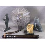SLATE FAN, 28cms H, other slate items and an old policeman's truncheon