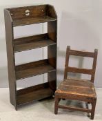 ARTS & CRAFTS STYLE OPEN SHELF BOOKCASE, 93cms H, 44cms W, 17cms D and a rustic child's farmhouse