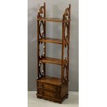REPRODUCTION WALL HANGING WHATNOT with two base drawers and multiple shelves, 111cms H, 34cms W,