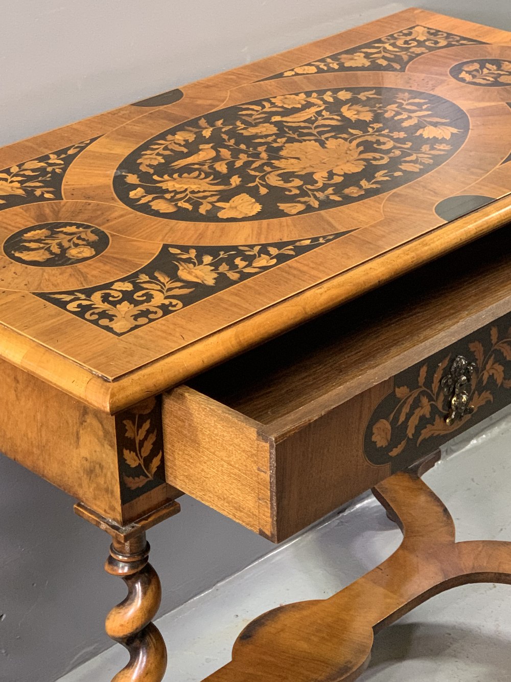 DUTCH MARQUETRY STYLE SIDE TABLE with single drawer, pokerwork detail, shaped cross stretcher on - Image 2 of 5