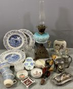 MIXED CHINA, EPNS & OTHER COLLECTABLES GROUP to include a Victorian oil lamp with blue milk glass