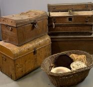 VINTAGE TRUNK - wooden with domed top and metal banding, metal trunks (2), a vintage wooden