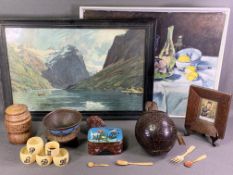 MIXED PARCEL OF ITEMS - treen, cloisonne, two paintings and other items