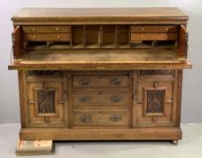 CIRCA 1900 OAK SECRETAIRE BOOKCASE BASE, the lower section with two carved fronted doors flanking