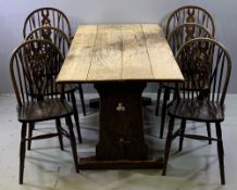 REPRODUCTION OAK REFECTORY TABLE, 76cms H, 183cms W, 81cms D & SIX (FOUR PLUS TWO) WHEELBACK CHAIRS