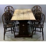 REPRODUCTION OAK REFECTORY TABLE, 76cms H, 183cms W, 81cms D & SIX (FOUR PLUS TWO) WHEELBACK CHAIRS