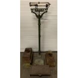 CAST IRON PLATFORM SCALES, 154cms H, three cast iron rain hoppers and a vintage fire grate vent,