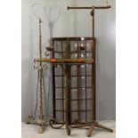 ANTIQUE BRASS & IRONWORK LAMPS (3), quantity of brass stair rods and two glazed multi-panel