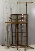 ANTIQUE BRASS & IRONWORK LAMPS (3), quantity of brass stair rods and two glazed multi-panel