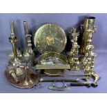 BRASS CANDLESTICKS, trench art, fire irons, a gong ETC