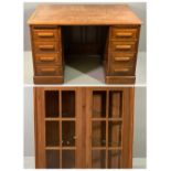 ANTIQUE EFFECT PINE TWO DOOR GLAZED WALL HANGING CORNER CUPBOARD with interior glass shelving,
